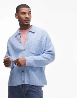 Topman Relaxed Fit Brushed Collared Cardigan In Light Blue For Men -Daily Wardrobe Shop 207447826 4