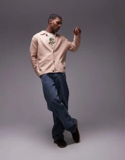Topman Knitted Button Through Cardigan In Ecru For Men -Daily Wardrobe Shop 207447842 3