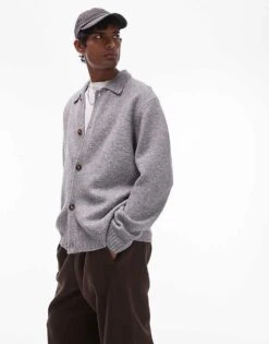Topman Knitted Button Through Cardigan In Charcoal For Men -Daily Wardrobe Shop 207447858 1 charcoal 1