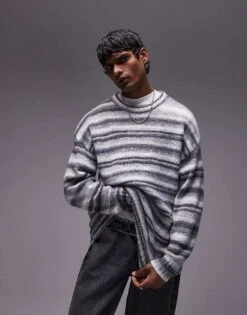 Topman Relaxed Fit Fluffy Stripe Jumper In Grey Stripe For Men -Daily Wardrobe Shop 207447875 1 greystripe 1