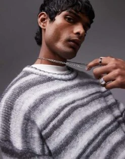 Topman Relaxed Fit Fluffy Stripe Jumper In Grey Stripe For Men -Daily Wardrobe Shop 207447875 2