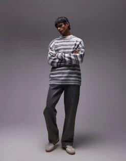 Topman Relaxed Fit Fluffy Stripe Jumper In Grey Stripe For Men -Daily Wardrobe Shop 207447875 3