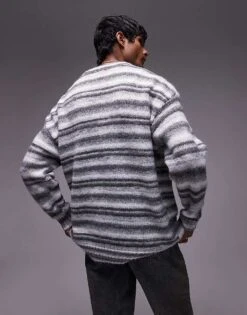 Topman Relaxed Fit Fluffy Stripe Jumper In Grey Stripe For Men -Daily Wardrobe Shop 207447875 4