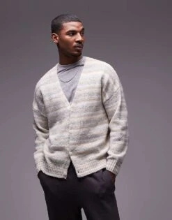 Topman Oversized Cardigan In Sage & Cream Abstract Pattern For Men Stone