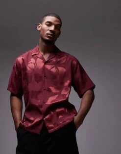 Topman Short Sleeve Relaxed Floral Shirt In Burgundy For Men -Daily Wardrobe Shop 207452582 1 burgundy 1
