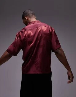 Topman Short Sleeve Relaxed Floral Shirt In Burgundy For Men -Daily Wardrobe Shop 207452582 3