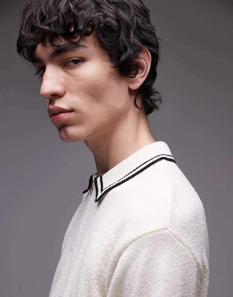 Topman Knitted Towelling Polo With Tipping In Cream For Men 3 Topman Knitted Towelling Polo With Tipping In Cream For Men