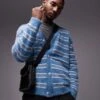 Topman Relaxed Fit Brushed Cardigan In Blue And White Stripe For Men Blue / White Stripe
