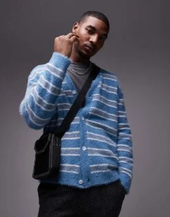 Topman Relaxed Fit Brushed Cardigan In Blue And White Stripe For Men Blue / White Stripe