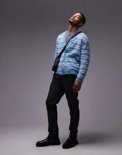Topman Relaxed Fit Brushed Cardigan In Blue And White Stripe For Men Blue / White Stripe -Daily Wardrobe Shop 207462856 3