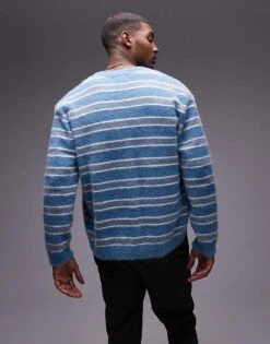 Topman Relaxed Fit Brushed Cardigan In Blue And White Stripe For Men Blue / White Stripe -Daily Wardrobe Shop 207462856 4