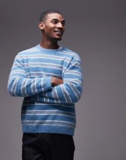Topman Relaxed Fit Brushed Jumper In Blue And White Stripe For Men Blue / White Stripe -Daily Wardrobe Shop 207463010 4