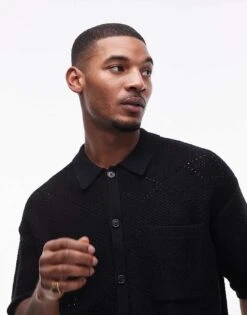 Topman Knitted Pattern Crochet Shirt With Pocket Detail In Black For Men -Daily Wardrobe Shop 207466526 3