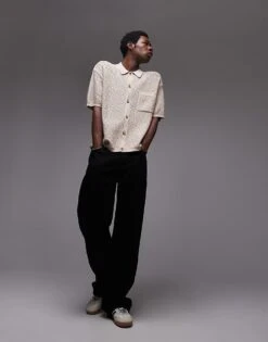 Topman Knitted Pattern Crochet Shirt With Pocket Detail In Stone For Men -Daily Wardrobe Shop 207466550 3