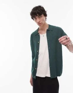 Topman Knitted Pattern Crochet Shirt In Green For Men