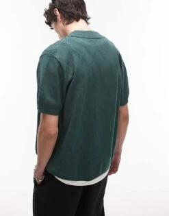 Topman Knitted Pattern Crochet Shirt In Green For Men -Daily Wardrobe Shop 207466558 4