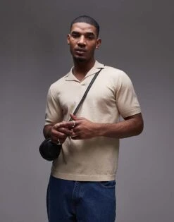 Topman Short Sleeve Knitted Open Revere Shirt In Stone For Men
