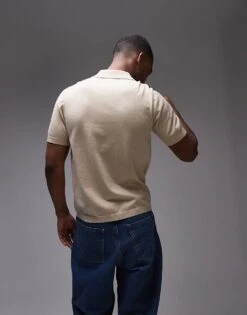 Topman Short Sleeve Knitted Open Revere Shirt In Stone For Men -Daily Wardrobe Shop 207466574 4