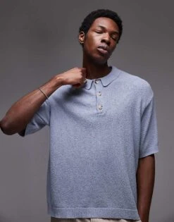 Topman Knitted Button Through Boucle Shirt In Blue For Men -Daily Wardrobe Shop 207466582 1 blue 1