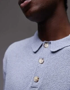 Topman Knitted Button Through Boucle Shirt In Blue For Men -Daily Wardrobe Shop 207466582 3