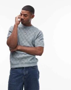 Topman Knitted Check Crochet T Shirt In Grey For Men -Daily Wardrobe Shop 207466590 1 grey 1