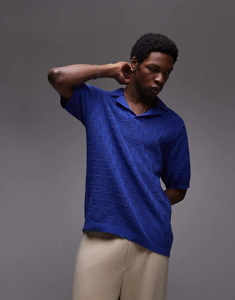 Topman Knitted Check Crochet Polo In Blue For Men 7 Topman Knitted Check Crochet Polo In Blue For Men - Image 5