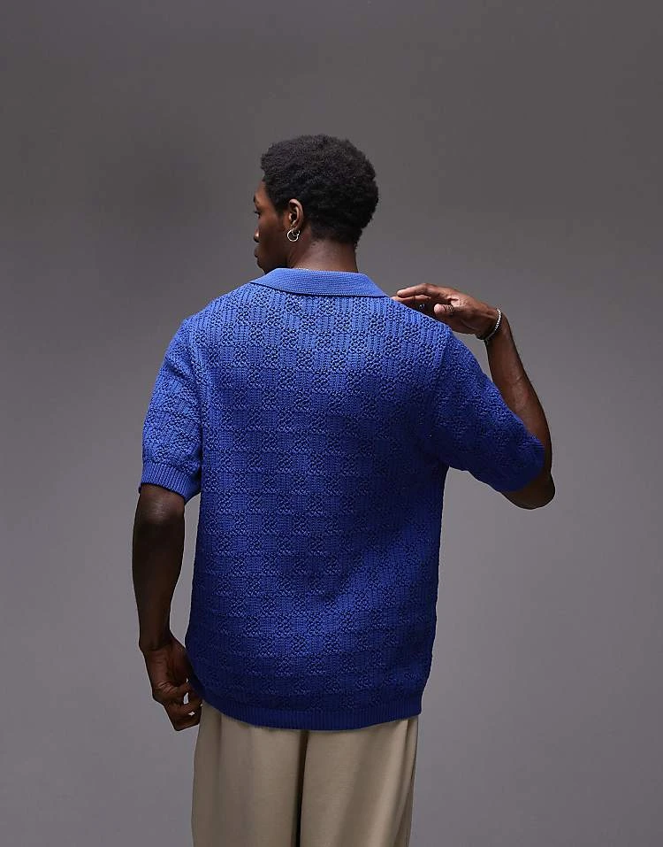 Topman Knitted Check Crochet Polo In Blue For Men 5 Topman Knitted Check Crochet Polo In Blue For Men - Image 3