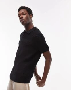 Topman Knitted Ladder Crochet Polo In Black For Men -Daily Wardrobe Shop 207466622 1 black 1