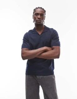 Topman Short Sleeve Knitted Open Revere Shirt In Navy For Men -Daily Wardrobe Shop 207466638 1 navy 1