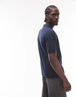 Topman Short Sleeve Knitted Open Revere Shirt In Navy For Men -Daily Wardrobe Shop 207466638 2