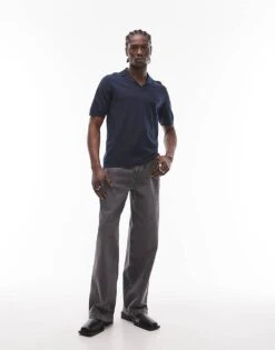 Topman Short Sleeve Knitted Open Revere Shirt In Navy For Men -Daily Wardrobe Shop 207466638 3