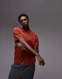 Topman Knitted Pattern Crochet Shirt In Rust For Men -Daily Wardrobe Shop 207466646 1 rust 1