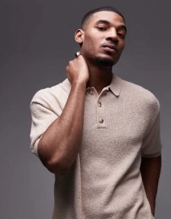 Topman Knitted Button Through Boucle Shirt In Stone For Men
