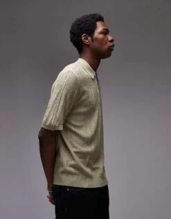 Topman Knitted Short Sleeve1/4 Zip Textured Polo Shirt In Sage For Men -Daily Wardrobe Shop 207467579 1 sage 1