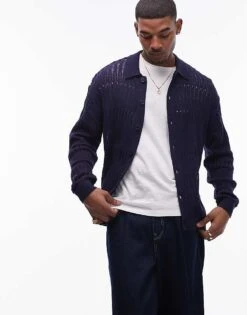 Topman Ladder Stitch Cardigan In Navy For Men -Daily Wardrobe Shop 207467587 1 navy 1