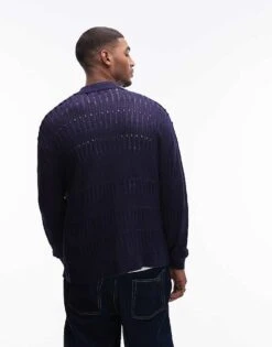 Topman Ladder Stitch Cardigan In Navy For Men -Daily Wardrobe Shop 207467587 4