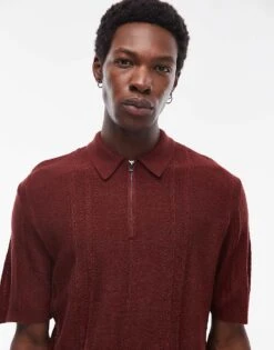 Topman Knitted Short Sleeve1/4 Zip Textured Polo Shirt In Brown For Men -Daily Wardrobe Shop 207467595 4