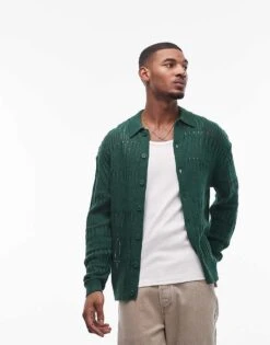 Topman Ladder Stitch Cardigan In Green For Men -Daily Wardrobe Shop 207467603 1 green 1