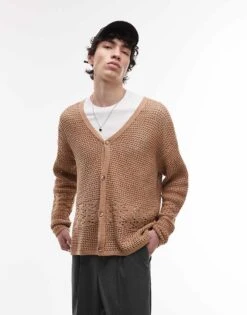 Topman Knitted Crochet Cardigan With Panel Detail In Beige For Men