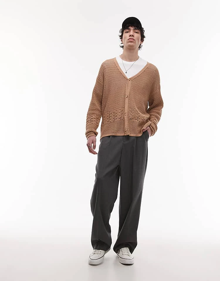 Topman Knitted Crochet Cardigan With Panel Detail In Beige For Men 4 Topman Knitted Crochet Cardigan With Panel Detail In Beige For Men - Image 2