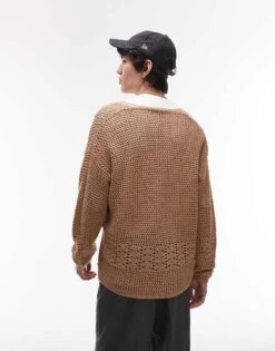 Topman Knitted Crochet Cardigan With Panel Detail In Beige For Men 9 Topman Knitted Crochet Cardigan With Panel Detail In Beige For Men -Daily Wardrobe Shop 207467619 3