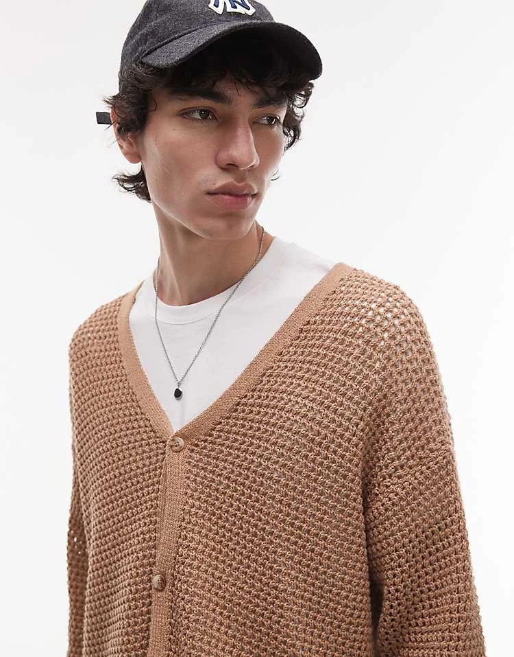 Topman Knitted Crochet Cardigan With Panel Detail In Beige For Men 6 Topman Knitted Crochet Cardigan With Panel Detail In Beige For Men - Image 4