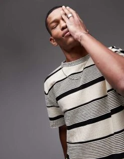 Topman Premium Oversized Fit Stripe T-shirt In Ecru For Men