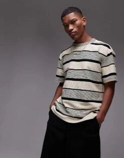 Topman Premium Oversized Fit Stripe T-shirt In Ecru For Men -Daily Wardrobe Shop 207492074 4