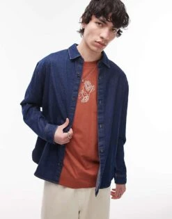 Topman Long Sleeve Washed Canvas Overshirt In Raw Denim For Men Mid Blue