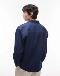 Topman Long Sleeve Washed Canvas Overshirt In Raw Denim For Men Mid Blue -Daily Wardrobe Shop 207499690 3