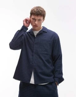 Topman Long Sleeve Mid Weight Blue Check Shirt For Men Navy