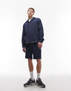 Topman Long Sleeve Mid Weight Blue Check Shirt For Men Navy -Daily Wardrobe Shop 207499698 3