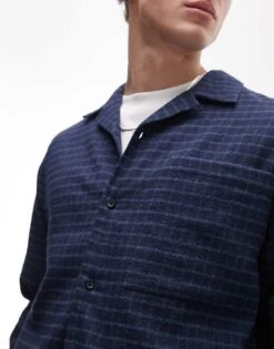 Topman Long Sleeve Mid Weight Blue Check Shirt For Men Navy -Daily Wardrobe Shop 207499698 4