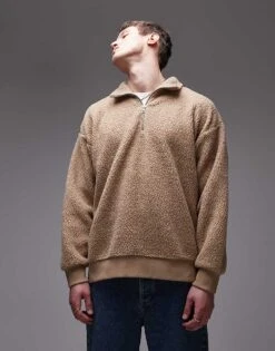 Topman 1/4 Zip Borg Sweatshirt In Stone For Men